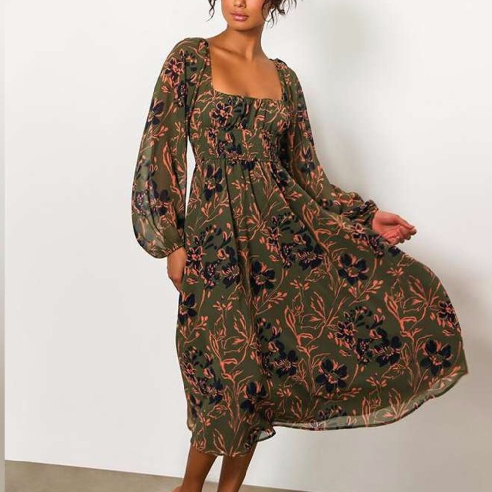 Hutch Phoenix Floral Long Sleeve Empire waist flowy Midi Dress - Sz M